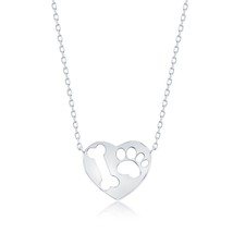 Sterling Silver Paw Print &amp; Bone Cut-out Heart Necklace - £30.69 GBP