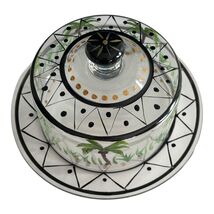 Hand Painted Glass Cheese Dome &amp; Plate Palm Tree Design Black Gold Accen... - $428.47 MXN