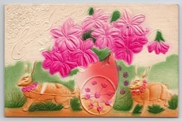 Easter Greetings Colorful Bunnies Egg Cart With Pink Flowers Postcard L22 - £7.12 GBP
