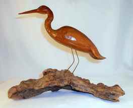 Vintage Carved Wood Figure Egret Standing On Drift Wood Signed J H DeFra... - £61.01 GBP