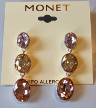 Monet Gold Dangle Earrings Pink &amp; Yellow Multi-Faceted Stones 1.75 Inch - $14.50