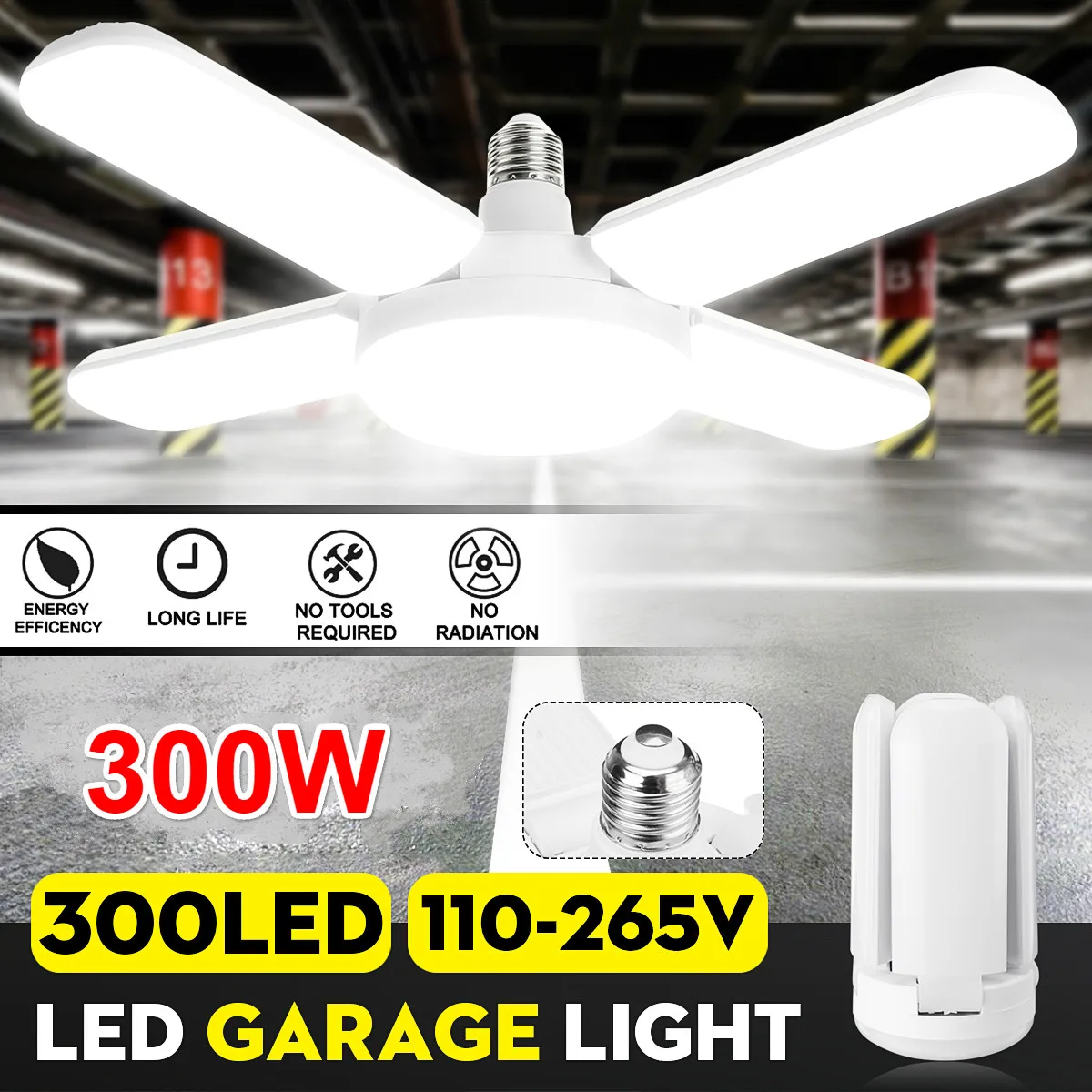 LED Garage Lights Foldable E27 Bulb 4 Adjustable Fan Blades Deformable Workshop  - £164.05 GBP