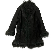 VTG Via Accenti Black Suede Coat 100% Wool Fur Trim Y2K Hippie Boho B6 - $221.39