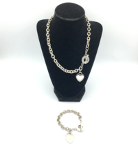 CHUNKY silver-tone chain necklace &amp; bracelet set - heart pendant toggle ... - £22.01 GBP