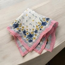 Vintage Hankerchief  Blue Pink Yellow Flowers Floral Pocket Scarf Hanky 12&quot; - $241.42 MXN