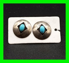 Unique Simple Vintage Navajo Sterling Silver &amp; Turquoise Post Back Earrings  - £27.68 GBP