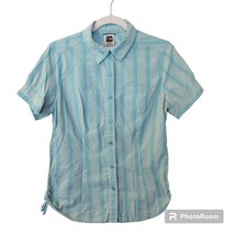 Women&#39;s The North Face Blue Ruched Button Up Short Sleeve Shirt Size Medium - £19.55 GBP
