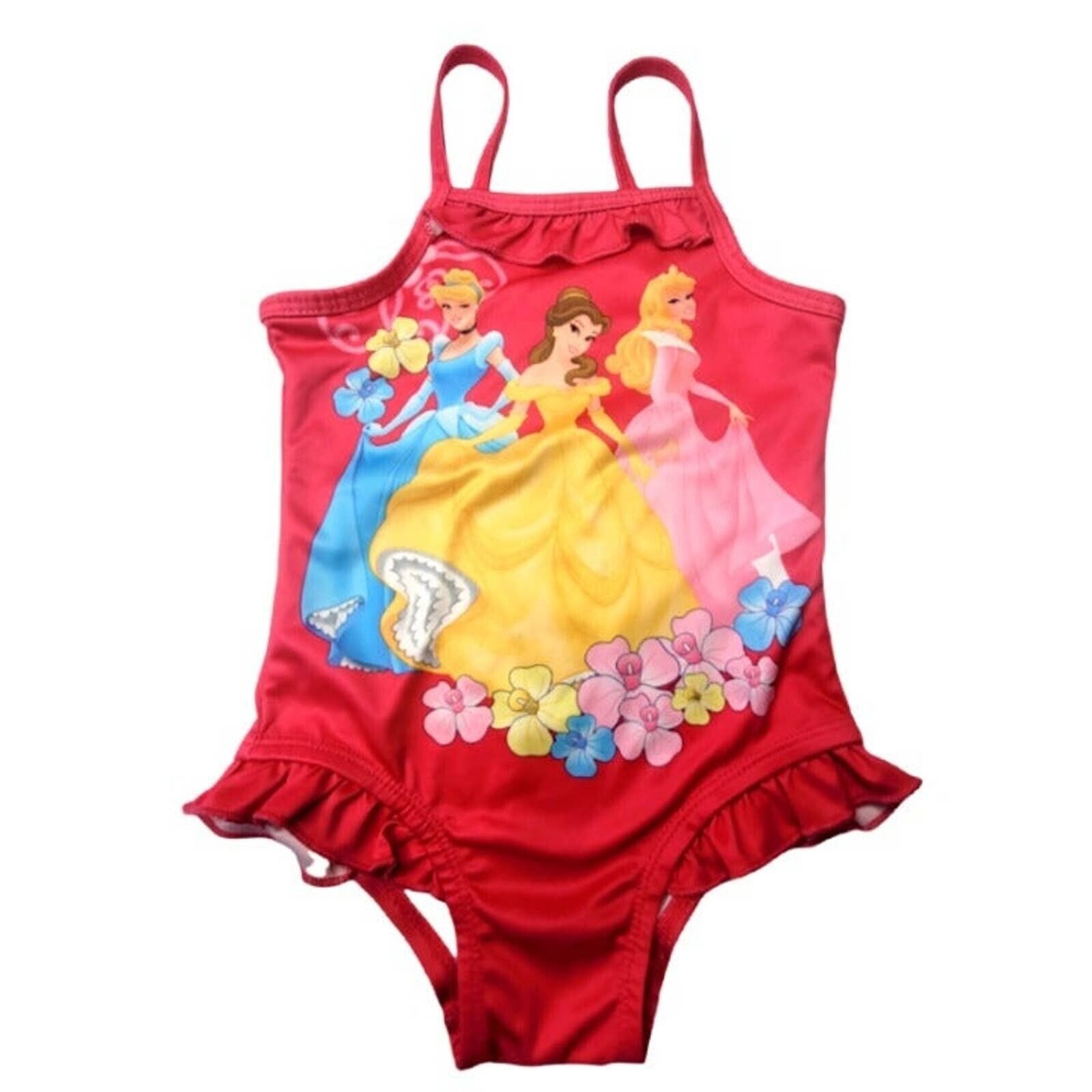 Disney Princess Girls 1-Pc Swimsuit 2T Red Princesses Graphic Ruffled Trim 2009 - $13.73