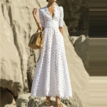 V Neck Half Sleeve High Waist Hollow Out Slim White Maxi Dresses - £100.18 GBP