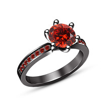 Round Cut Red Garnet 14K Black Gold Finish Solid 925 Silver Her Engageme... - $1,227.94 MXN