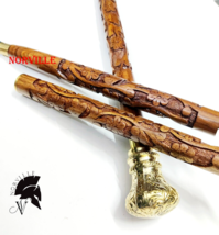 Vintage Fancy Hand Carved Walking Stick Wooden Cane Victorian Brass - $967.44 MXN