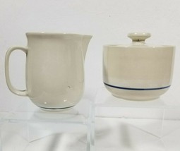 Crofton Creamer Sugar Bowl Set Beige with Blue Stripe Ceramic with Lid - £9.43 GBP