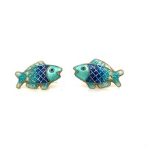 Vintage Signed Sterling Vermeil Handmade Enamel Blue Fish Shape Stud Earrings - £31.75 GBP