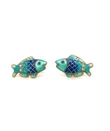 Vintage Signed Sterling Vermeil Handmade Enamel Blue Fish Shape Stud Ear... - £31.01 GBP