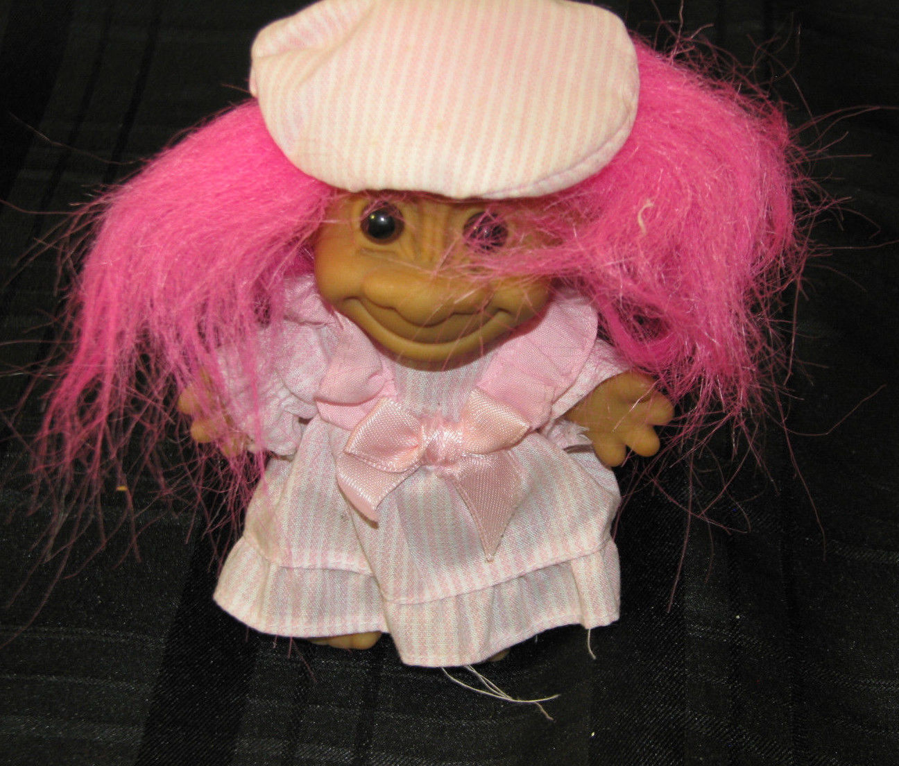 Primary image for Russ 5" Troll Doll- Pink Striped Dress and Cap, BRIGHT HOT Pink Hair
