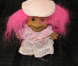 Russ 5&quot; Troll Doll- Pink Striped Dress and Cap, BRIGHT HOT Pink Hair - £9.33 GBP