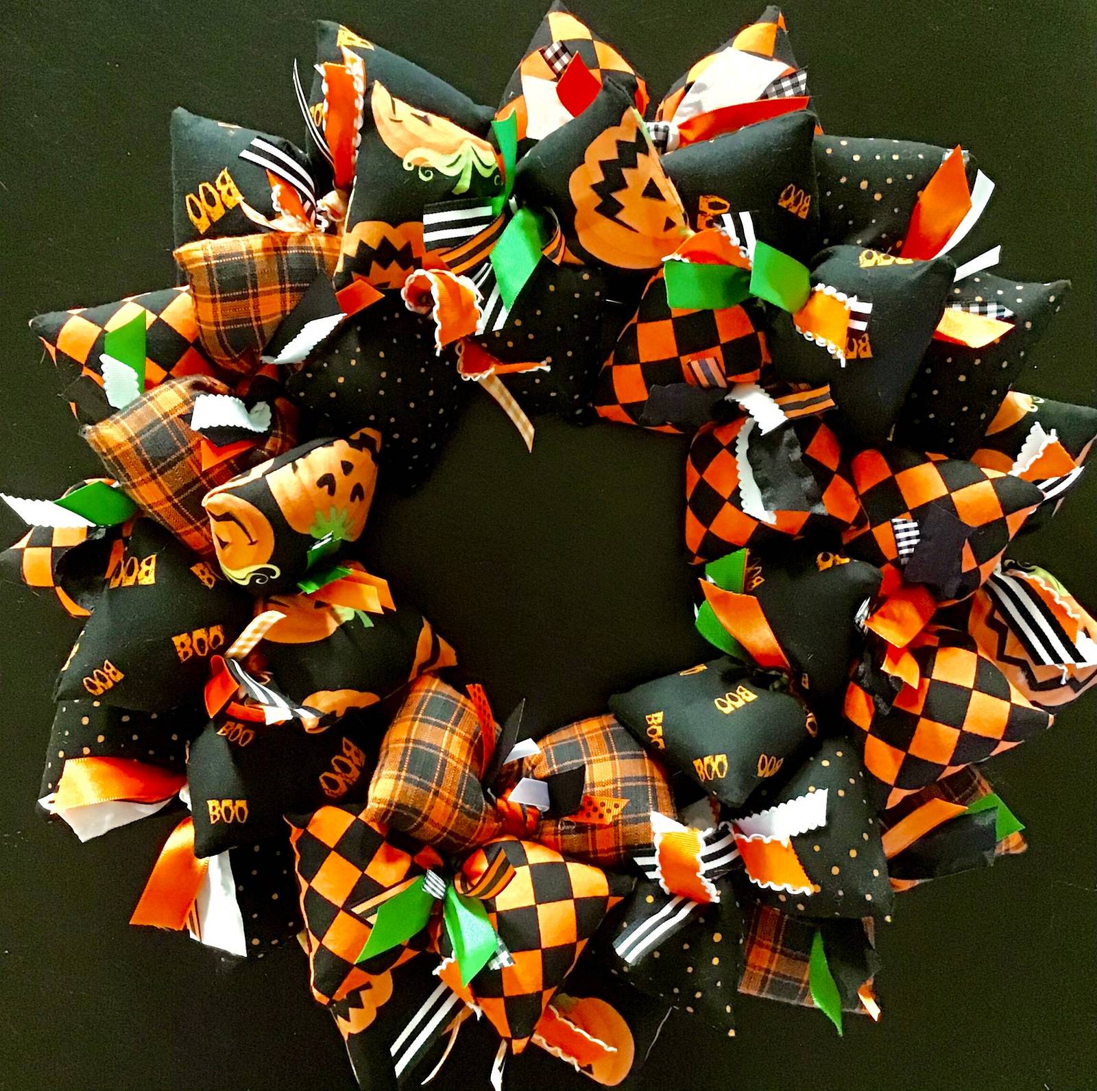 Primary image for Halloween Themed Wreath with Boo Pumpkins Plaid Harlequin Door Decor