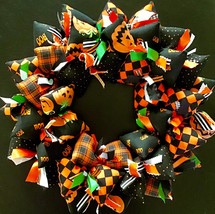 Halloween Themed Wreath with Boo Pumpkins Plaid Harlequin Door Decor - $52.00