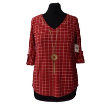 Love Nation Blouse Top Womens L Attached Gold Necklace Red White Window Pane - £19.74 GBP