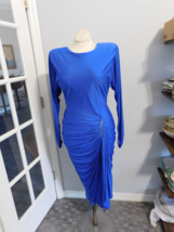 TADASHI Vintage Blue Ruched Bodycon Long Sleeve Open Plunging Back Sz 10... - $129.95