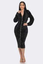 Black Zip Up Sequin Long Sleeve Bodycon Contrast Party Club Midi Dress_ - £38.83 GBP