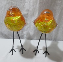 MCM Murano? Style Hand-Blown Yellow Orange Glass Bird Figurine  Tall Metal Legs - £98.32 GBP