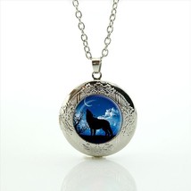 Silhouette Wolf Moon Cabochon LOCKET Pendant Silver Chain Necklace USA Ship #1 - £11.99 GBP