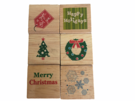 Christmas Rubber Stamps Set 6 Gift Tag Card Making Craft Happy Holidays Wreath  - £7.89 GBP