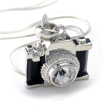 Miniature Camera Pendant Photography Crystal Necklace 18 inches Chain Silvertone - £49.96 GBP