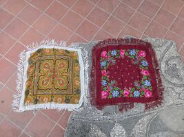 Two vintage scarves, fringed square headscarves, with minor fllaws on th... - $20.00