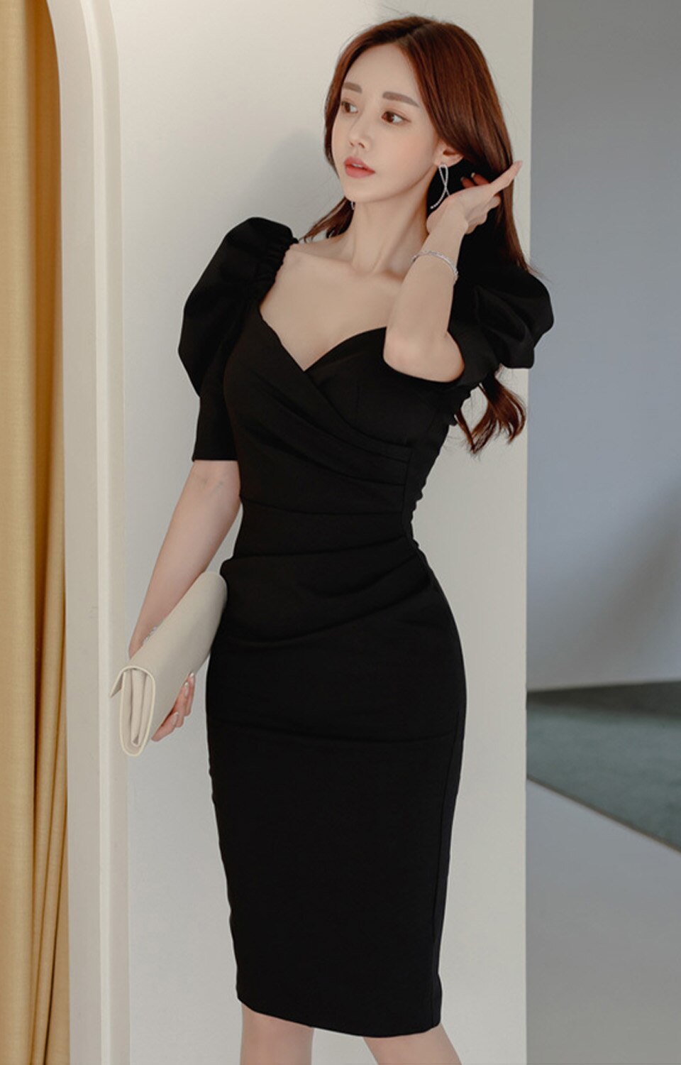Simple V-Neck Puff Sleeve High Waist Tight Elegant Party Dress Item image 8