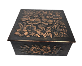 Vintage Embossed Metal Copper Floral Jewelry Dresser Desk Trinket Box Lid Lined - £27.32 GBP