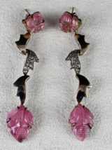 Naural Pink Tourmaline Carved Diamond 18K Gold 925 Silver Victorian Earring - £412.15 GBP