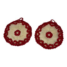 Vintage Lot of 2 Small White 5&quot; Crocheted Red Hot Pad Potholder Handmade - £11.95 GBP