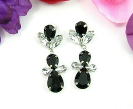 Black Dangle Pierced Earrings Vintage Clear Mock RS Post Big Plastic Gem... - $12.99