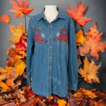 Embroidered Denim Shirt L Shacket Womens Jacket Cardinal Bird Winter Button Up - £21.68 GBP