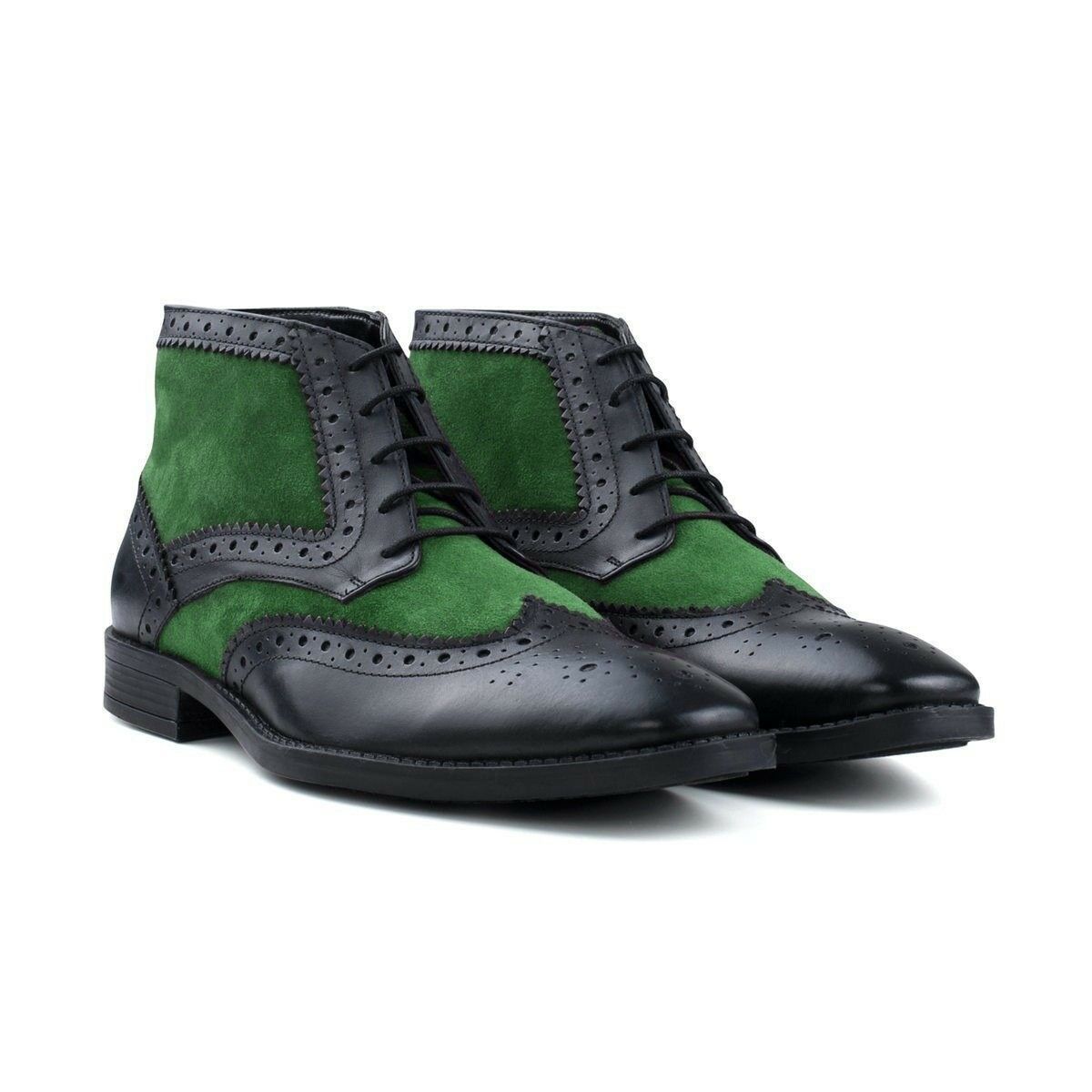 New Handmade Men's Black Green Ankle Boot, Leather & Suede Wing Tip Fashion Boot