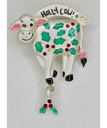 Vintage AJMC Holly Cow Silver Tone W/ Green Enamel Brooch Pin Costume Je... - £8.56 GBP