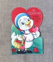 Ephemera Vintage Cousin Valentines Card Sparkly Duck Basket Of Heart Apples - $5.94