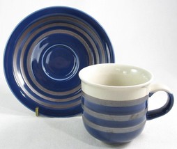 Otagiri Small Cup and Saucer Set, Dark Blue with Stripes , Appears Hand ... - $14.99