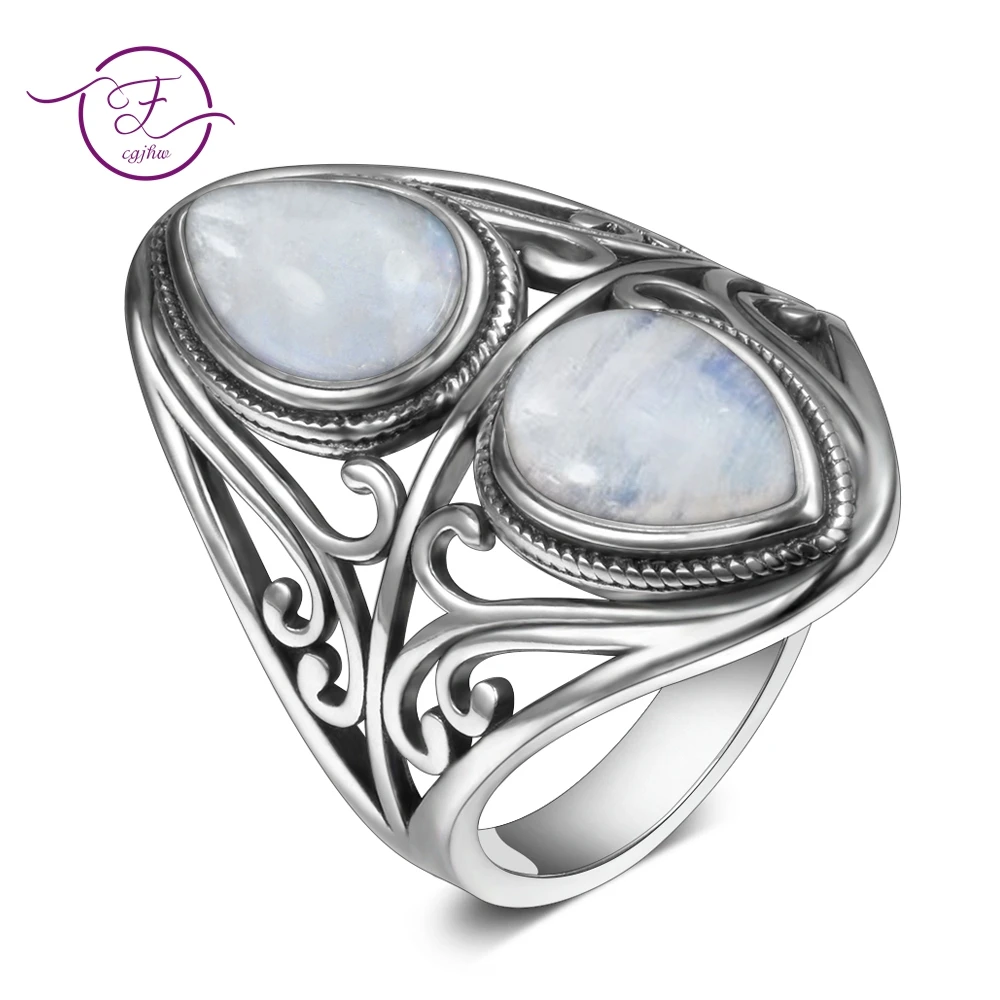 Charms 6x9MM Natural Rainbow Moonstone Rings Women&#39;s 925 Sterling Silver Jewelry - $24.88