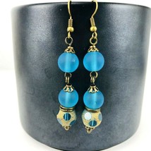 Teal Blue Frost Bead Sea Glass Drop Dangle Earrings Antique Gold Tone Handmade  - £20.03 GBP