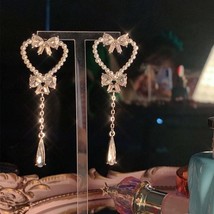 Korean Sweet Pearl Hollow Heart Drop Earrings For Women Girls Fashion Bowknot Cr - £8.97 GBP