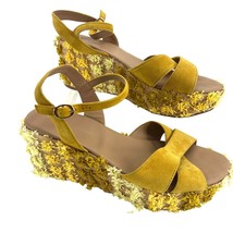 Anthropologie Yellow Floral Embellished Pom Pom Wedge Sandals Size US 10 EU 40 - £33.23 GBP