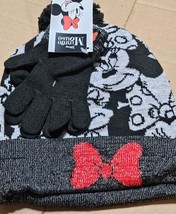 Kids Beanie Hat &amp; Gloves Disney Minnie Mouse Collage Pom-Pom Black Grey ... - £10.83 GBP