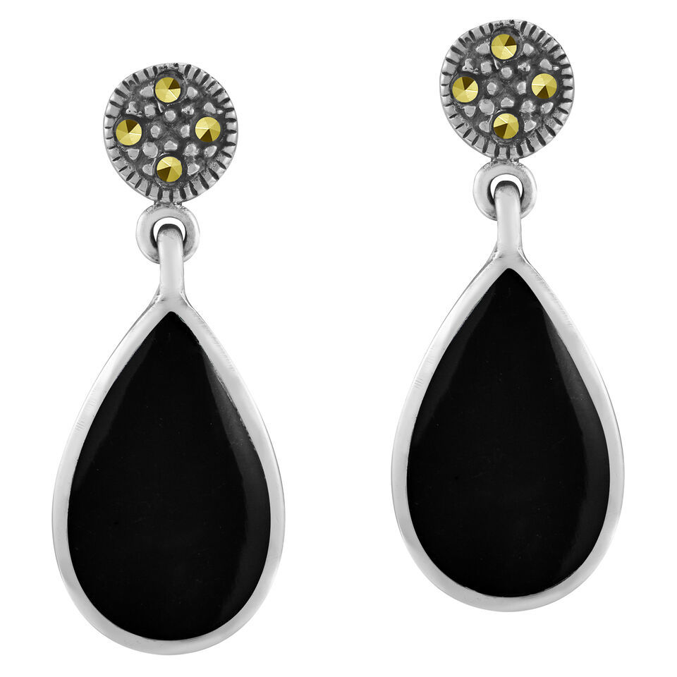 Primary image for Vintage Elegance Black Onyx Stone Teardrops Sterling Silver Post Drop Earrings