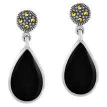 Vintage Elegance Black Onyx Stone Teardrops Sterling Silver Post Drop Ea... - £18.06 GBP