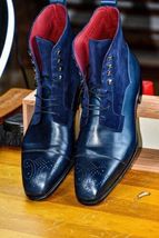 Handmade Men Two tone ankle boots, Men blue leather and suede lace up dr... - $148.49+
