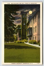 Bell Tower Moonlight Furman University Greenville South Carolina Linen Postcard - £8.17 GBP