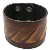 Brown Leather Snap Button Bracelet with Waves of Spikes Design - £10.27 GBP